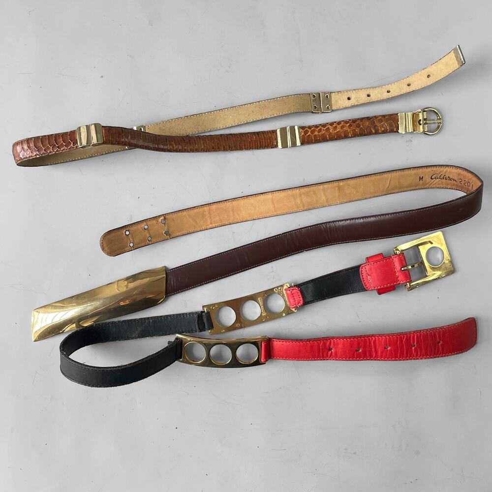 Lot of 3 80s VTG Belts Brass Gold Hardware Snakeskin Leather High Waist Skinny